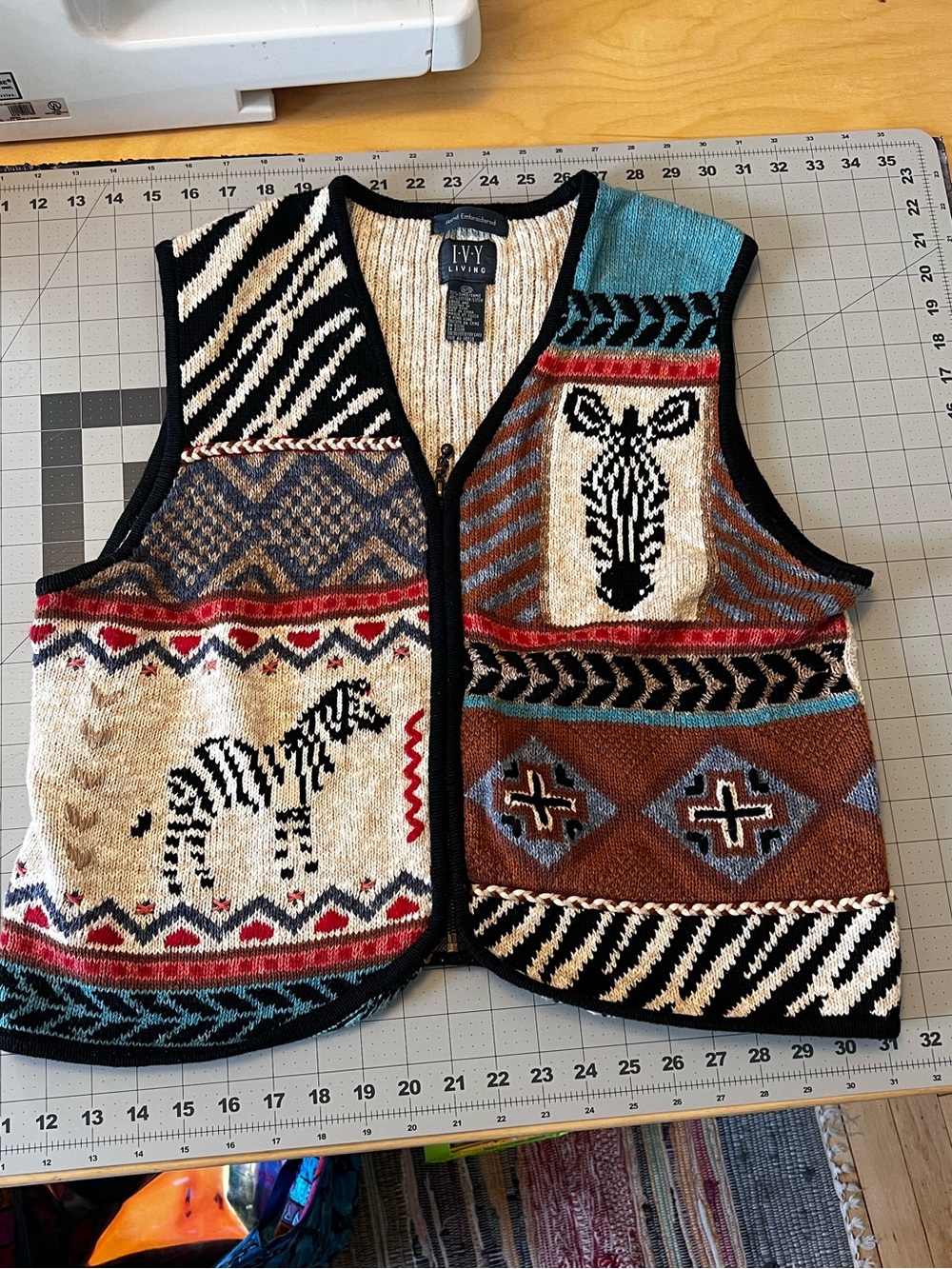 Zebra Patchwork Knit Vest with Tribal Motifs